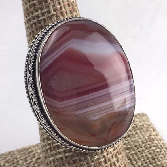 New Botswana Agate Statement Silver Overlay Vintage Style Ring Size 7.5 - Picture 4 of 12